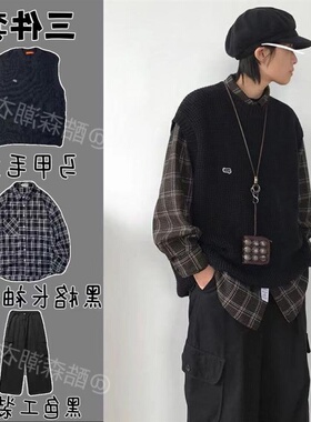 秋季日系复古马甲毛衣男女情侣套装宽松无袖针织衫ins潮男装坎肩