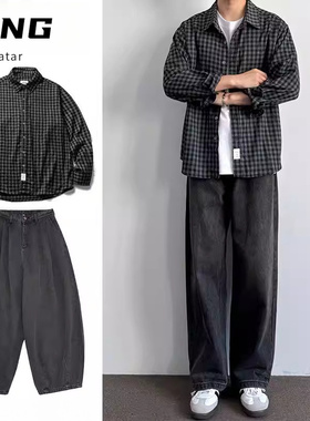两件装/春秋美式复古格纹长袖衬衫男生通勤日系休闲外套衬衣套装