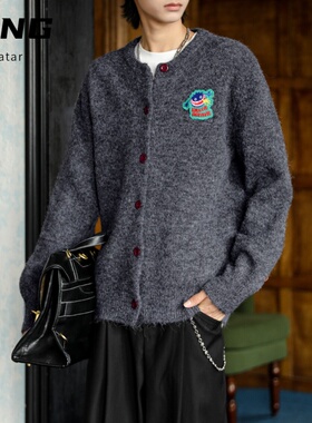 秋冬穿搭美式撞色纽扣复古卡通刺绣圆领长袖针织开衫男女毛衣外套