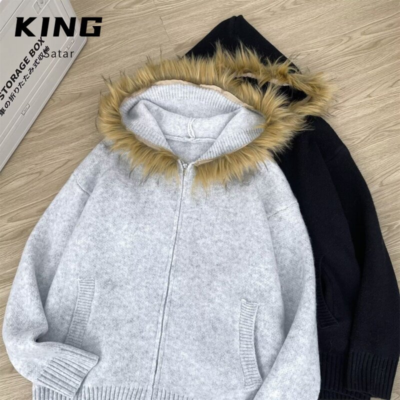 美式复古加绒加厚毛领连帽卫衣外套女宽松百搭运动风辣妹保暖上衣