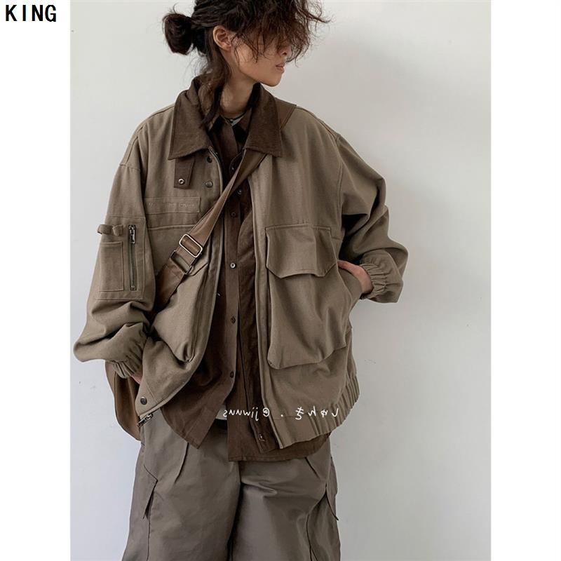 秋日系复古百搭工装夹克男生中性风宽松拼接大口袋废土风外套套装