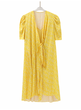 柜1099【摩系列】法式V领泡泡袖中长款碎花裙子EBA2DRST14