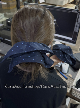 韩国小众复古蓝色波点四角方巾发圈显发量头绳少女马尾丸子头发绳