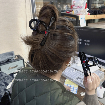 韩国简约红爱心黑色蝴蝶结鲨鱼夹
