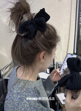 RURU显发量黑色毛线蝴蝶结格子大肠发圈大版丸子头发绳女韩国头绳