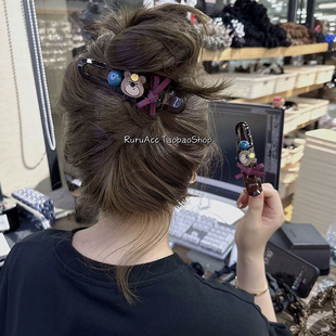 东大门新款可爱小熊蝴蝶结发夹懒人盘发夹高级小众抓夹后脑勺发抓