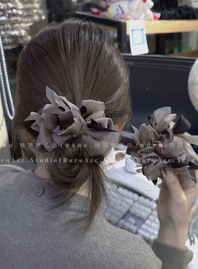 RURU高级设计款咖色网纱蝴蝶结编织大肠发圈显发量丸子头发绳头绳