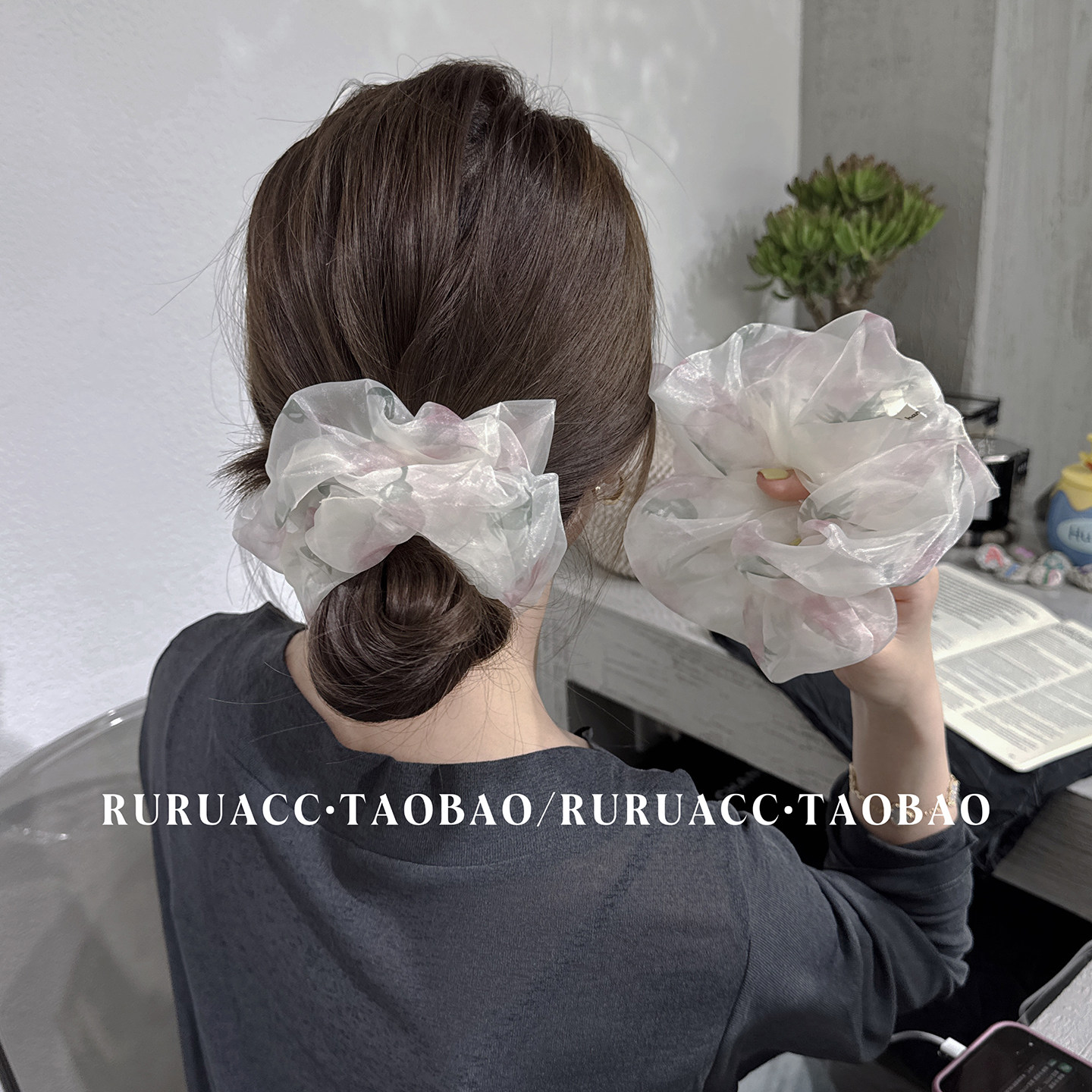 巨温柔显发量的网纱碎花发圈头绳