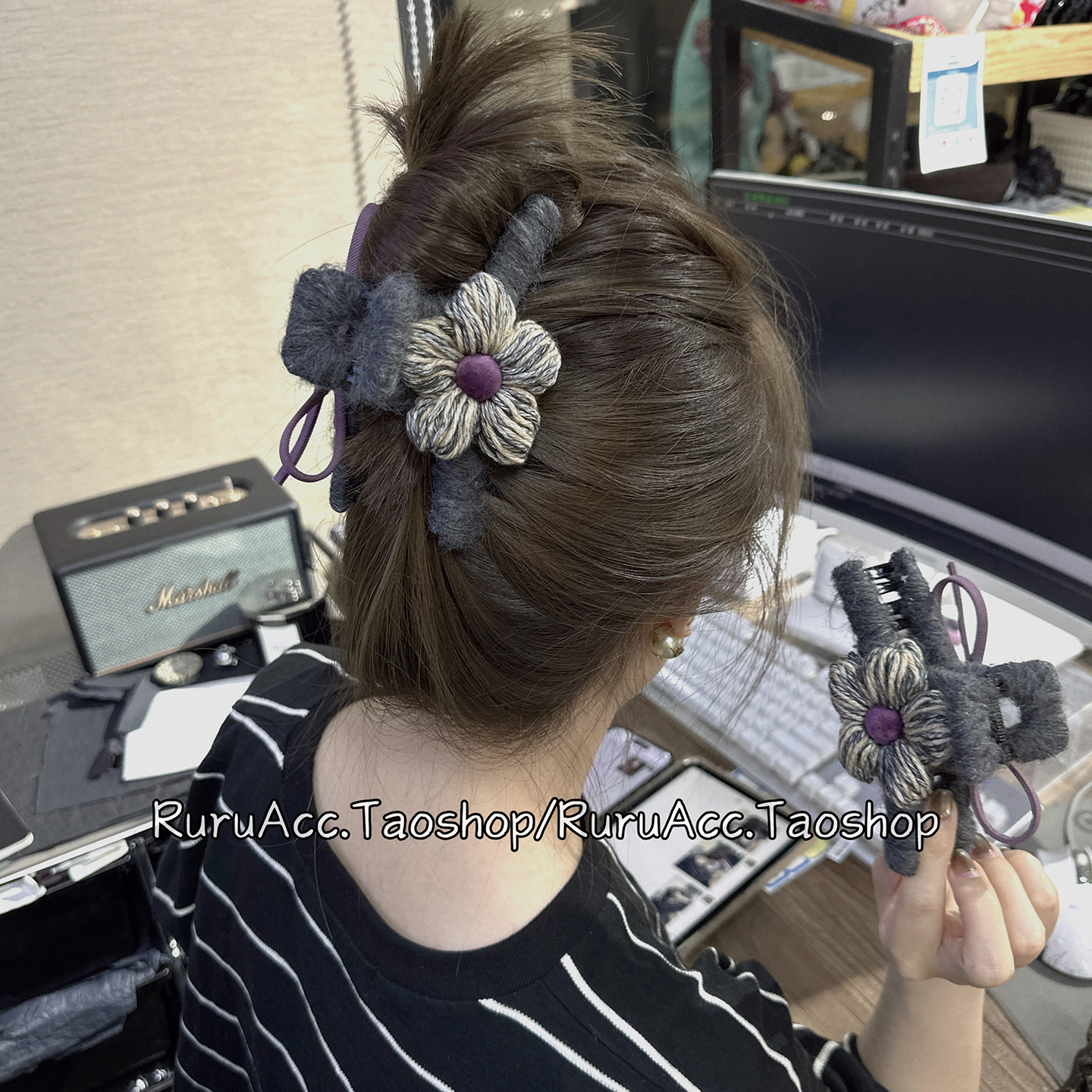 韩国手工钩花灰紫色蝴蝶结鲨鱼夹