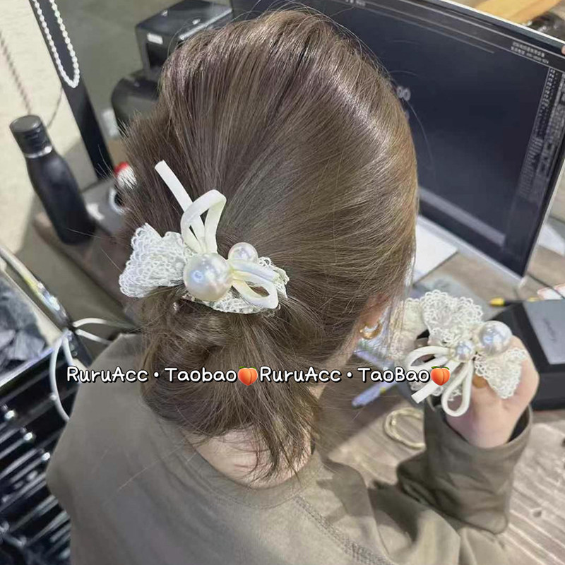 法式蕾丝花边珠珠蝴蝶结发圈头绳