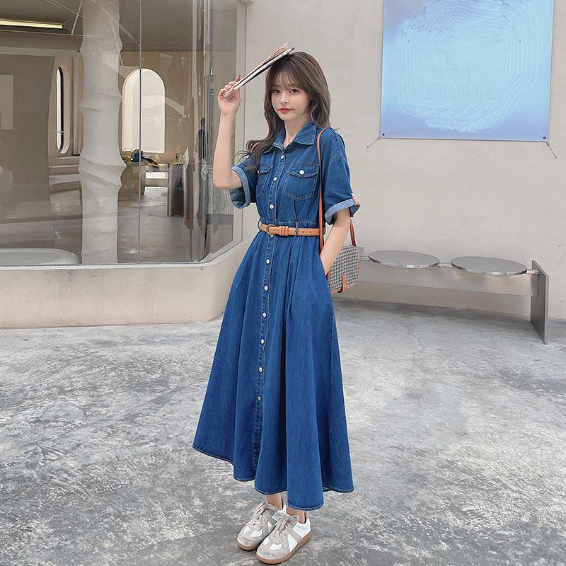 牛仔连衣裙女2025年夏季新款韩版中长款显瘦气质a字裙过膝衬衫裙