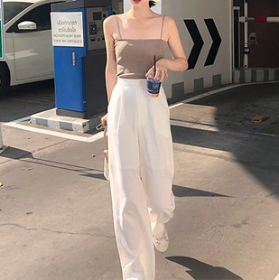 女春夏薄款 拖地裤 韩版 长裤 高腰垂感宽松直筒白色休闲裤 棉麻阔腿裤