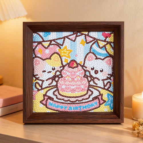 带框猫咪生日蛋糕圆钻钻石画