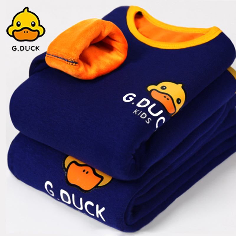 正品小黄鸭超厚儿童保暖内衣秋冬季男女童加绒加厚中大童小孩套装