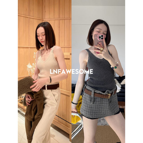 手工钩花V领100%山羊绒针织背心