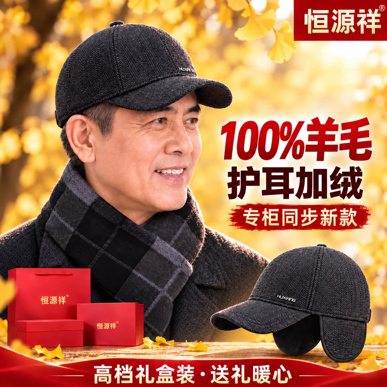 恒源祥中老年人帽子男士冬季爷爷爸爸加绒护耳冬天羊毛鸭舌棒球帽