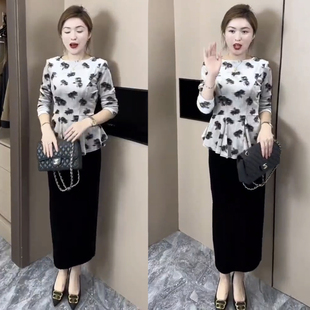 女气质显瘦长袖 2025夏季 套装 新款 上衣高腰丝绒裙减龄两件套潮 时尚