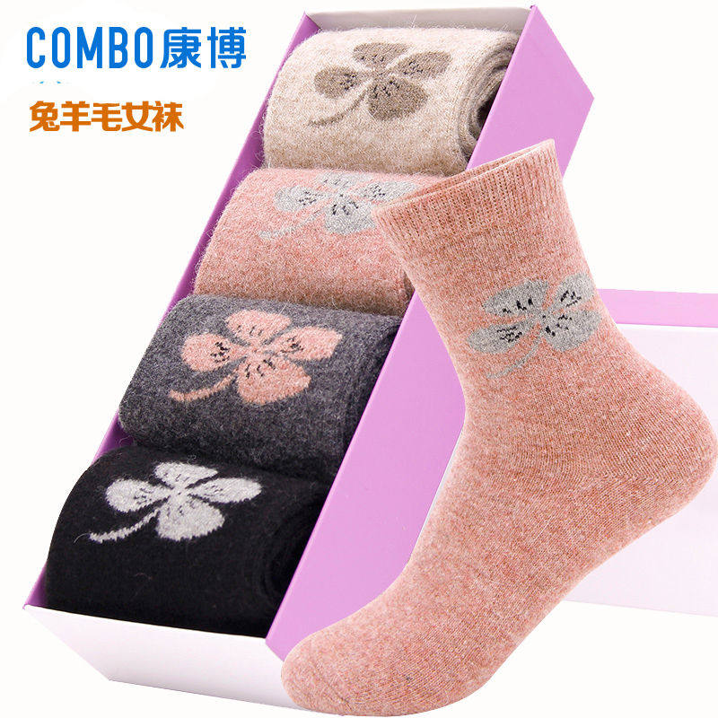 康博女秋冬加厚保暖袜时尚刺绣四叶草女棉袜防臭运动袜女兔羊毛袜