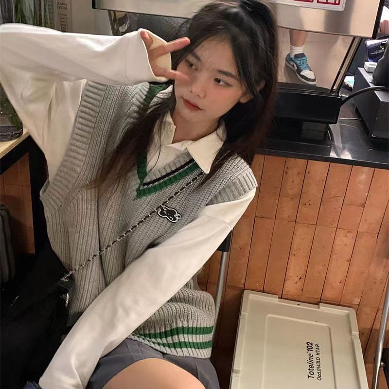 TEA DEPARTMENT WEARS A COMPLETE SET OF VEST SHIRTS TWO-PIECE SETS WOMENS AUTUMN AND WINTER SWEATERS VESTS AND SMALL PREPPY SUITS