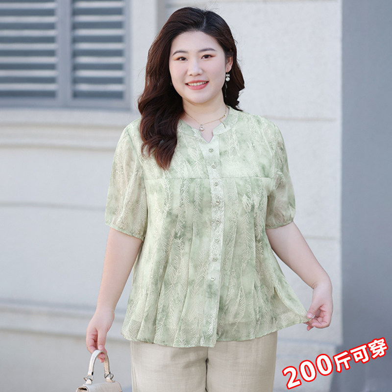 夏季短袖碎花雪纺衫中老年妈妈加肥加大码宽松遮肚印花洋气女衬衫