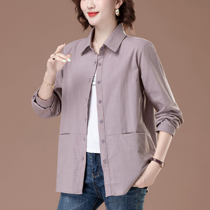 春秋季长袖加大码女衬衫中年妈妈宽松遮肚显瘦休闲棉麻衬衣200斤