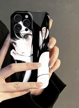 黑发少女二次元少女艺术小众适用高级感卡通iPhone16promax苹果15promax菲林手机壳新款14/13/12VIVO100