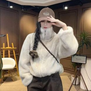2025新款仿水貂绒短款冬季立领环保皮草毛毛外套女奶白色杏色咖色