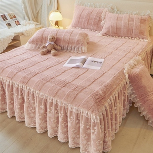 韩式 牛奶绒床裙床罩单件兔兔绒加绒蕾丝花边床单床围裙床套三件套