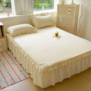 水洗棉双层花边床裙款 三件套单带裙边下摆床围裙罩床罩小清新床单