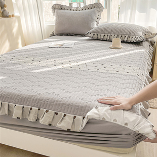 高档全棉夹棉床笠单件100纯棉花边被套四季通用床罩全包三四件套