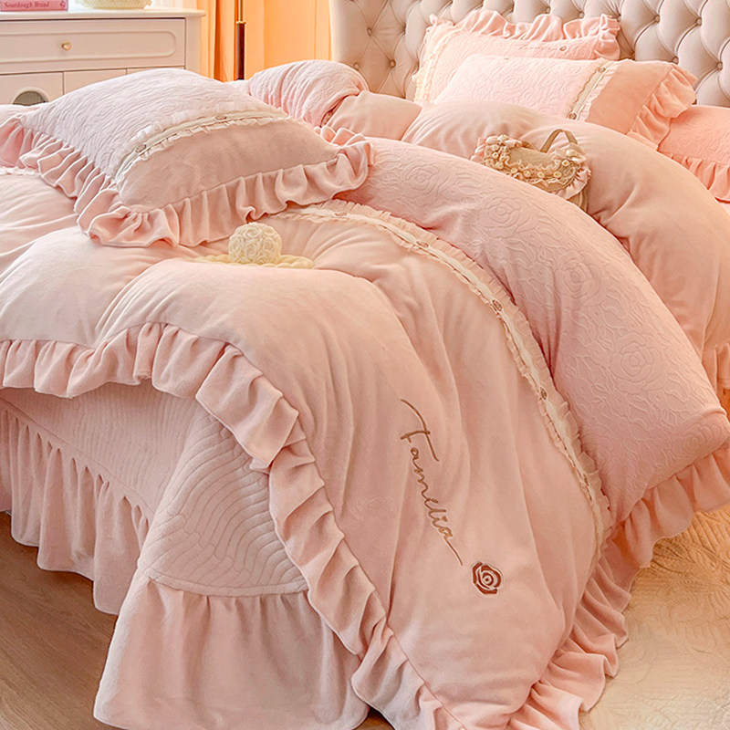 法式加绒牛奶绒四件套2024新款冬季加厚珊瑚绒被套床盖床裙公主风