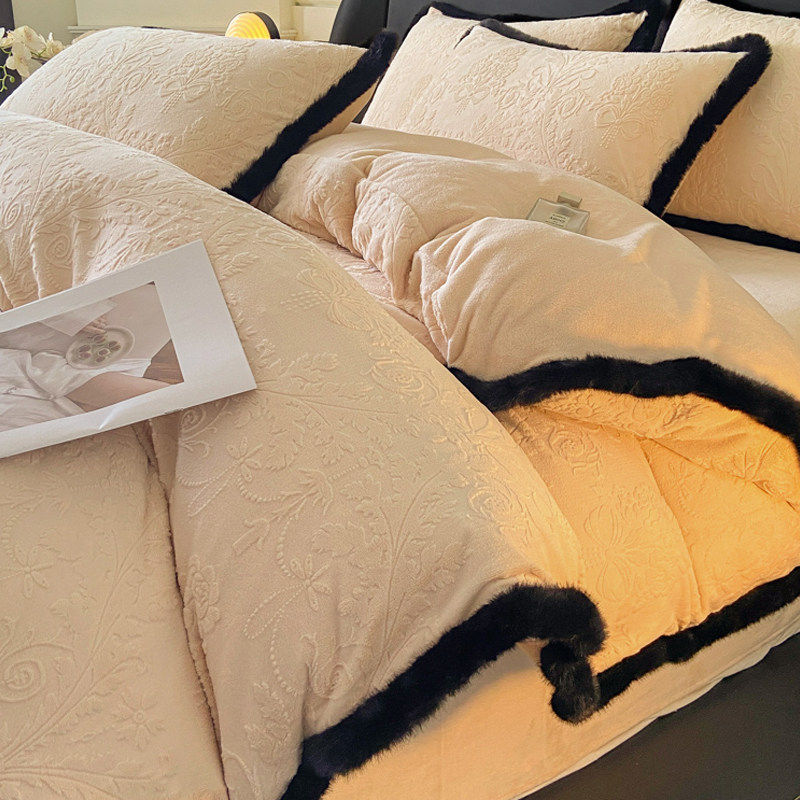 雕花牛奶绒四件套冬季加厚法兰珊瑚绒床上被套床单床笠轻奢高级感