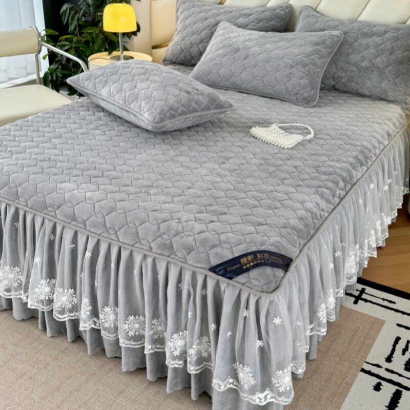 2024年新款加厚牛奶绒床裙单件夹棉蕾丝花边床单带裙边床罩三件套