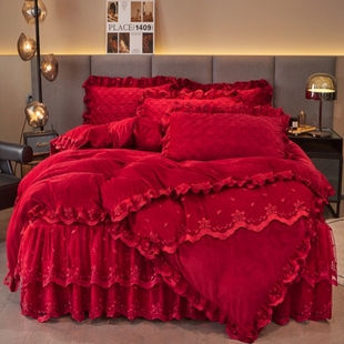 冬季加厚牛奶绒床上四件套夹棉床裙款珊瑚绒红色结婚被套加绒床单