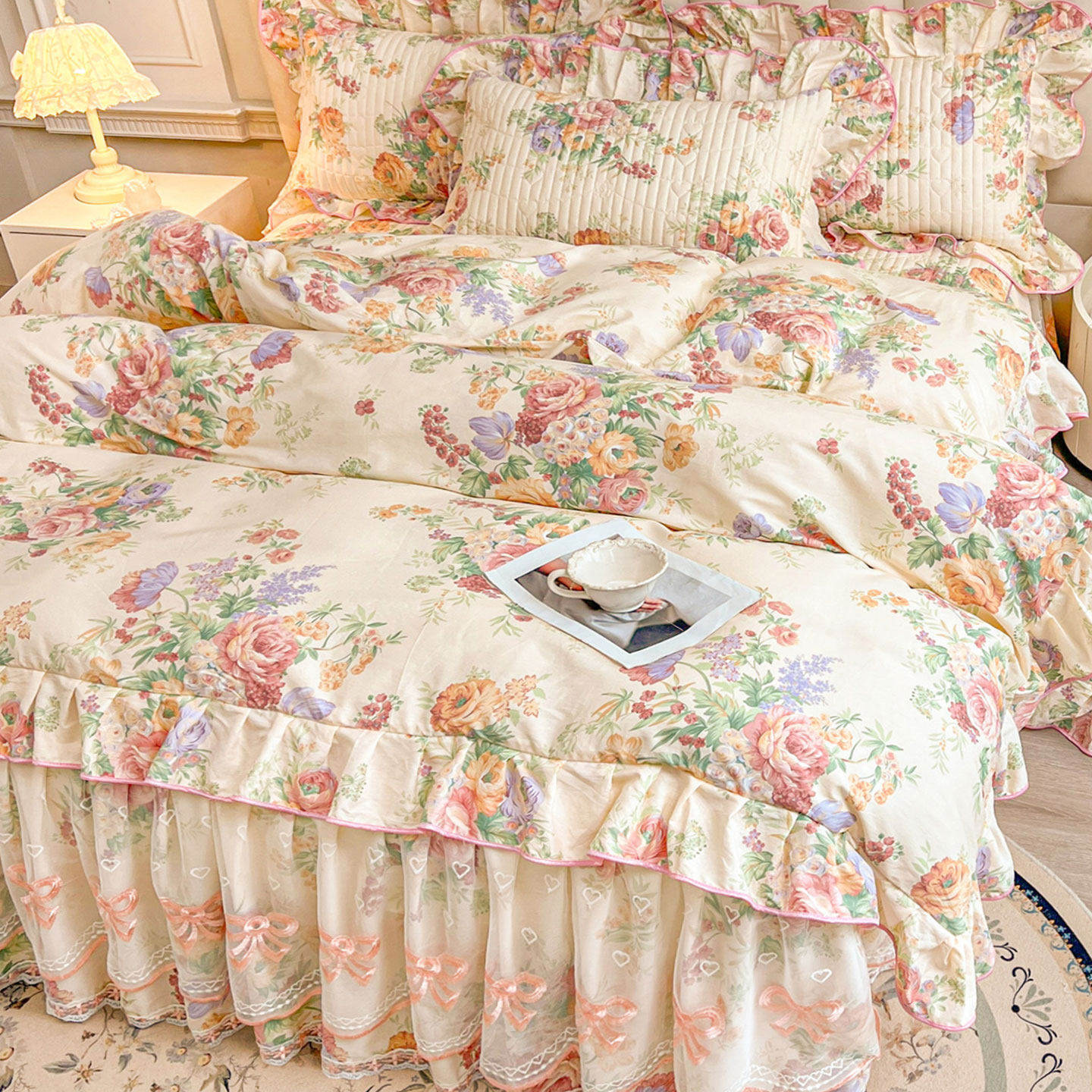 100支韩版公主风全棉四件套夹棉床裙款田园蕾丝纯棉床罩被套床品