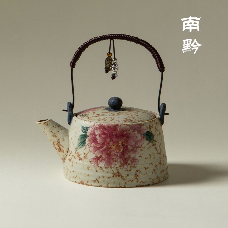 南黔青花火石红牡丹提梁壶防烫手泡茶器陶瓷大号茶壶单壶功夫茶具