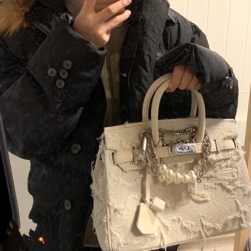 小复古手工牛仔布铂金包拼接