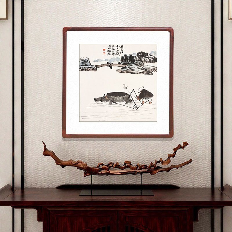 齐白石斗方形字画客厅装饰画耕牛图玄关走廊过道带框壁画餐厅挂画
