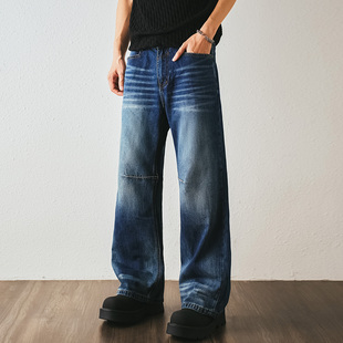 春季新款美式复古墨翠蓝水洗牛仔裤男宽松10.1蛊司大码阔腿直筒裤