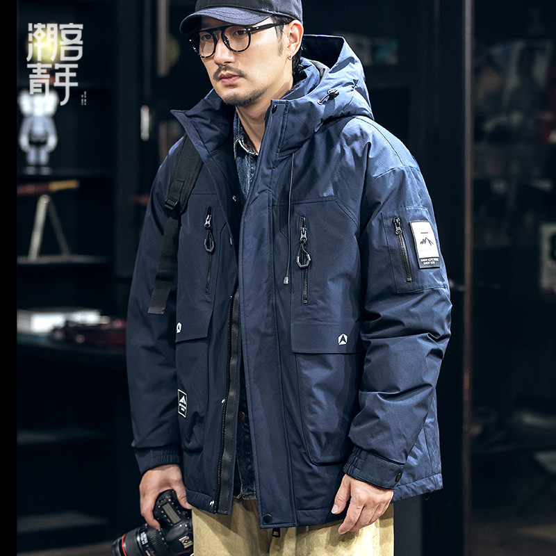 秋冬90%鸭绒美式羽绒服男士宽松大码保暖上衣冬季工装连帽外套