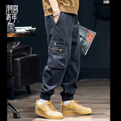 复古牛仔裤 休闲束脚裤 男士 潮牌黑色工装 秋冬美式 秋季 宽松大码 裤