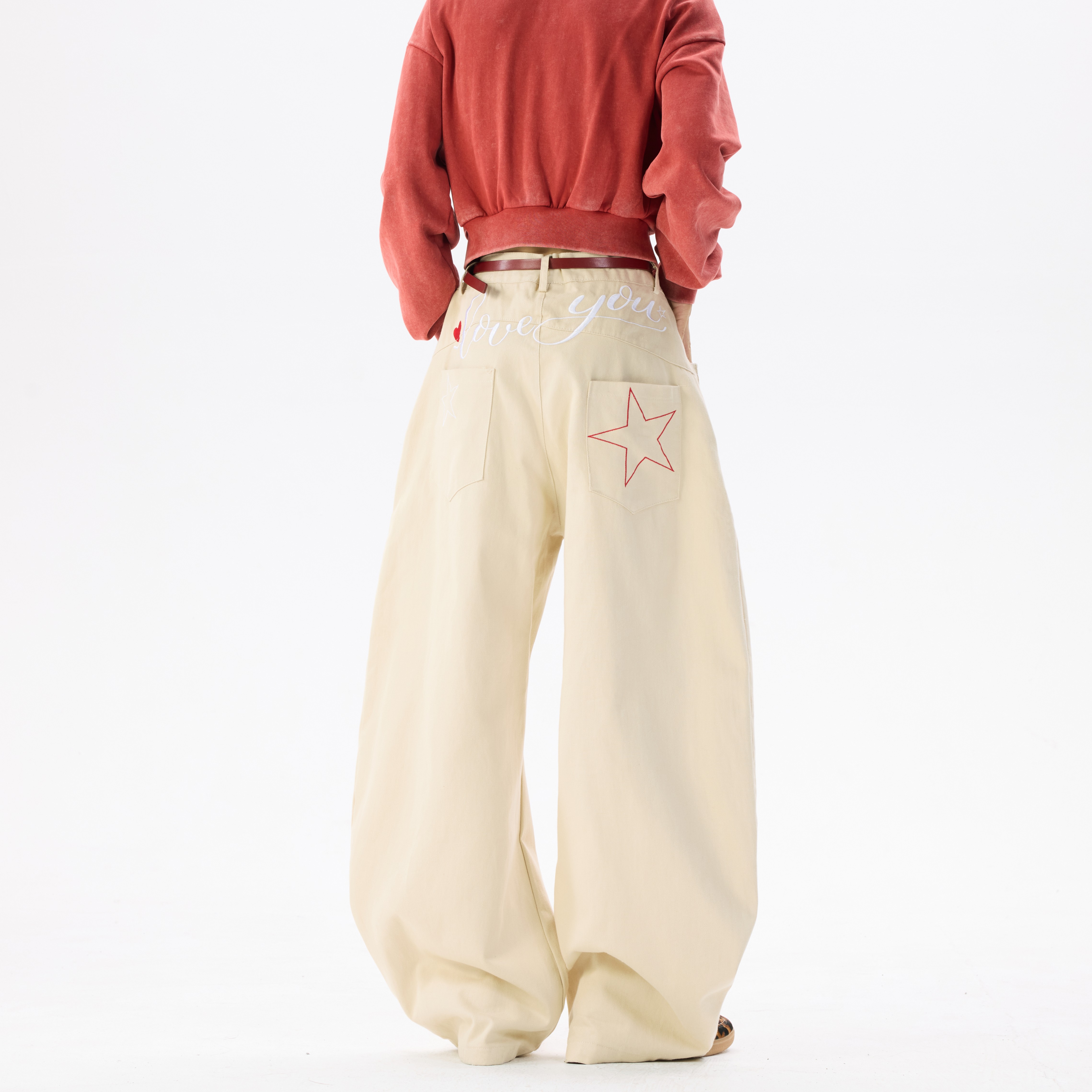 复古星星刺绣宽松阔腿休闲长裤