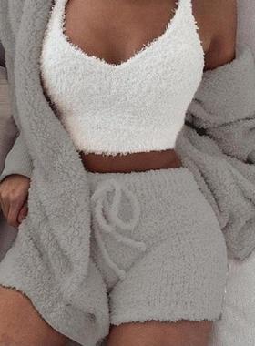 Winter 3Pieces Women Pajamas 毛绒纯色睡衣冬季保暖家居服3件套
