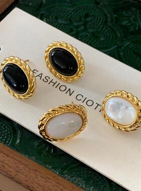 椭圆白色贝母耳钉轻奢高级感气质大气耳环2025年新款爆款法式耳饰