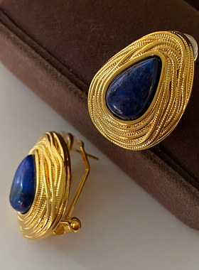 青金石水滴耳钉2025新款爆款中古耳饰轻奢高级感欧美复古法式耳环