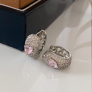 满钻圆圈耳环2025新款 高级感爆闪粉钻爱心耳饰女镂空心形耳环 爆款