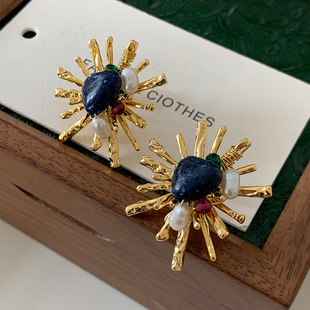 巴洛克爱心耳环2025新款 高级感珍珠耳饰轻奢复古风天然石太阳耳钉