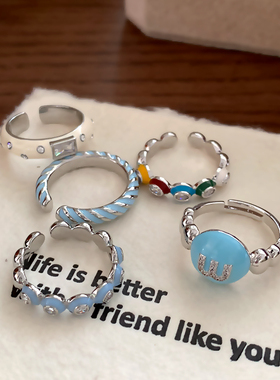 蓝色珐琅戒指2025新款爆款开口戒轻奢高级感小众设计滴釉素圈指环