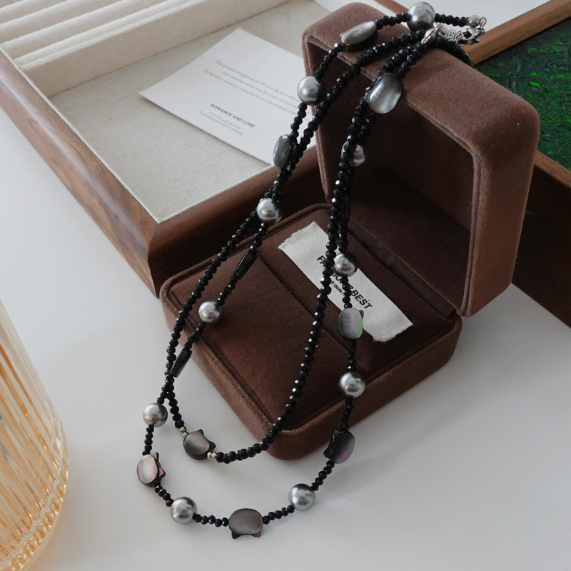 DSTYLE天然贝母黑玛瑙猫咪项链女