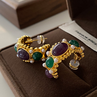 复古耳钉 高级感珍珠耳饰中古vintage法式 绿松石耳环2025新款 爆款